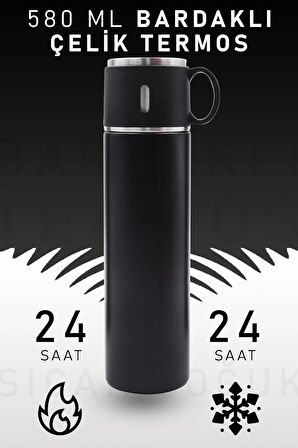 580 Ml Siyah Bardaklı Çelik Termos
