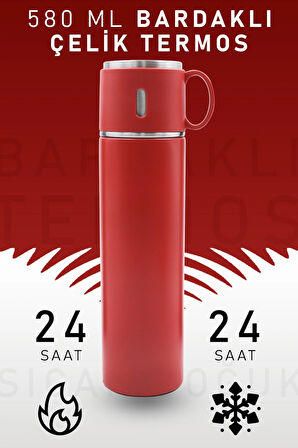 580 Ml Kırmızı Bardaklı Çelik Termos