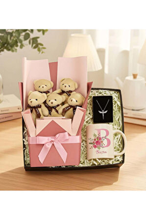 Ayıcık Buketi & Kupa & Gümüş Renk Melek Kolye Hediye Seti