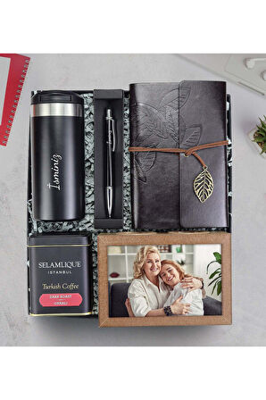 Defteri & Kalem & Çelik 350ml Termos & Selamlıque & Ahşap Kalemlik Hediye Seti