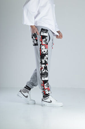 Çizgi Roman Detaylı Gri Jogger Pantolon