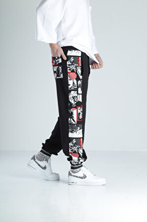Çizgi Roman Detaylı Siyah Jogger Pantolon