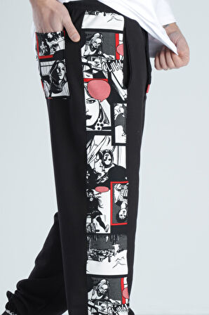 Çizgi Roman Detaylı Siyah Jogger Pantolon