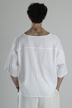 Müslin Kumaş Fakir Kol Beyaz T-Shirt