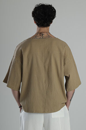 Müslin Kumaş Fakir Kol Kahve T-Shirt