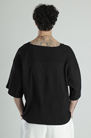 Müslin Kumaş Fakir Kol Siyah T-Shirt