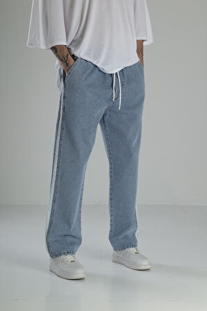 Yanı Şeritli Mavi Baggy Pantolon