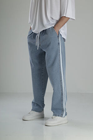 Yanı Şeritli Mavi Baggy Pantolon