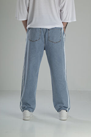 Yanı Şeritli Mavi Baggy Pantolon