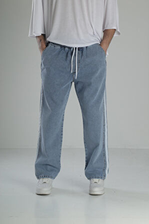 Yanı Şeritli Mavi Baggy Pantolon