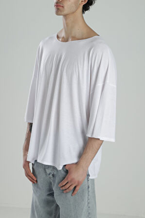 Fakir Kol Beyaz Oversize Viscon T-Shirt