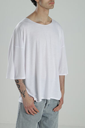 Fakir Kol Beyaz Oversize Viscon T-Shirt