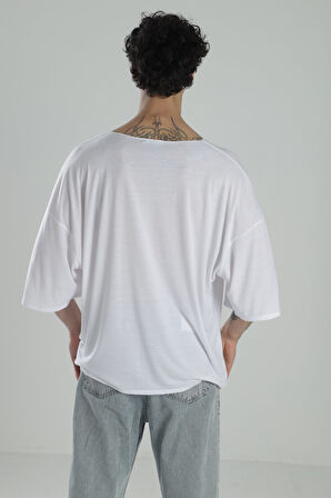 Fakir Kol Beyaz Oversize Viscon T-Shirt