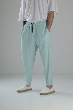 Yeşil Çizgili Bürümcük Kumaş Baget Pantolon