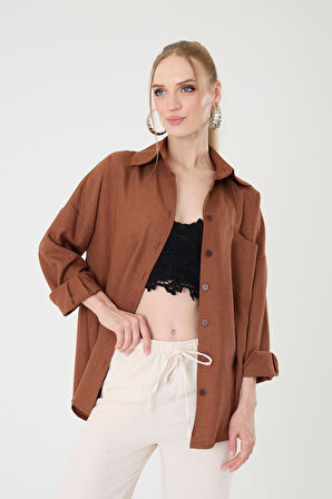 Tek Cepli Oversize Keten Gömlek- Kahverengi