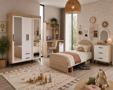 Afilli Ildır Cocuk Odası Takımı 4 Parça Tamamı Mdf Flora Renk