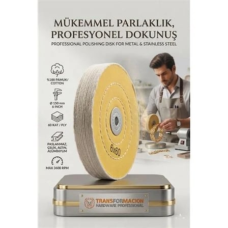 Orta Sert Polisaj Keçesi 6x60 60 Katlı 150mm - Pamuk Bez Disk Ayna Parlaklığı Metal Parlatma Keçesi 723116