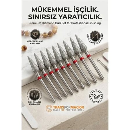 10'lu Ultra Hassas Elmas Freze Ucu - Kuru Manikür, Tırnak, Hobi, Gravür Seti 266/ 040r 723101