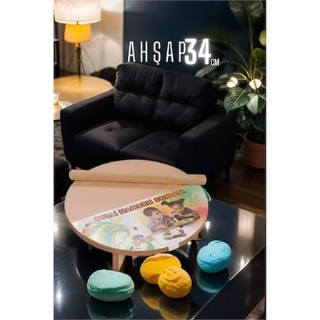 Çocuk 34 Cm Ahşap Hamur Açma Masası Mini Oklava İle Oyun Hamuru Tahtası 714536
