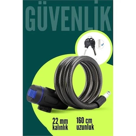 22mm Çelik Halatlı Bisiklet Kilidi - 160cm Anahtarlı Scoooter Motosiklet Kilidi 722486