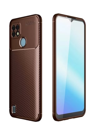 Newface Realme C21 Kılıf Auto Focus Karbon Kapak - Kahverengi