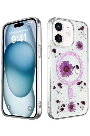 Newface Apple iPhone 12 Kılıf Daisy Simli Magsafe Kapak - Mor