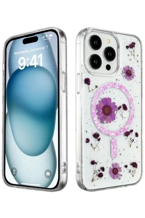 Newface Apple iPhone 15 Pro Kılıf Daisy Simli Magsafe Kapak - Mor