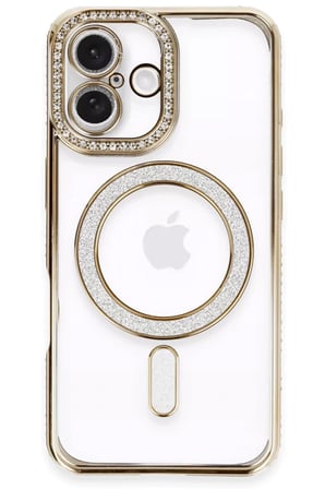 Newface Apple iPhone 16 Kılıf Joke Simli Magneticsafe Kılıf - Gold