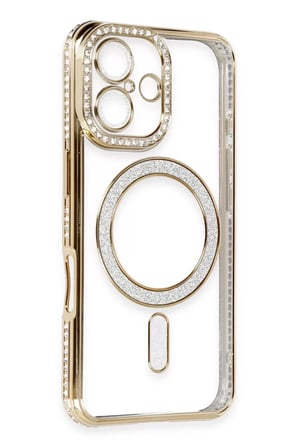 Newface Apple iPhone 16 Kılıf Joke Simli Magneticsafe Kılıf - Gold
