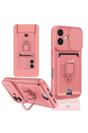 Newface Apple iPhone 16 Kılıf Zuma Kartvizitli Yüzüklü Silikon - Pembe