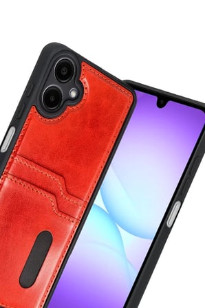 Newface Samsung Galaxy A07 4G Sara Kartvizitli Deri Kılıf - Kırmızı