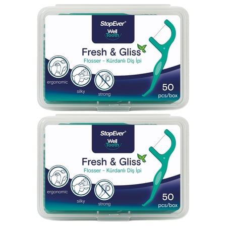 StopEver Fresh Kürdanlı Diş İpi 2'li Paket (100 Adet) | Nane Aromalı | Diş Arası Temizliği, Ağız Hijyeni ve Günlük Kullanım için İdeal | Plastik Kutulu ve Taşıma Kılıflı Hediyeli