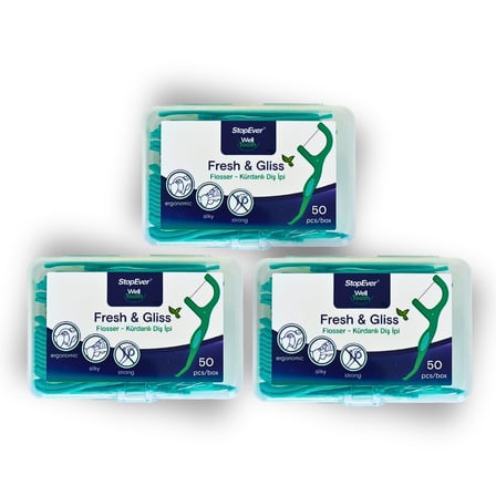 StopEver Fresh Kürdanlı Diş İpi 3'lü Paket (150 Adet) | Nane Aromalı | Diş Arası Temizliği, Ağız Hijyeni ve Günlük Kullanım için İdeal | Plastik Kutulu ve Taşıma Kılıflı Hediyeli