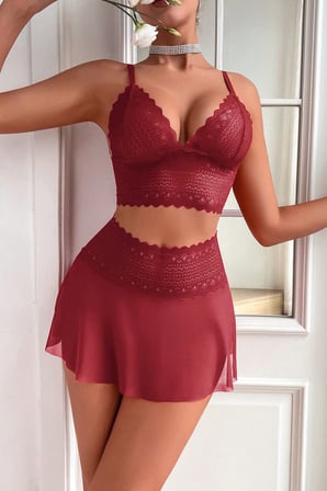 Kadın Bordo Dantel Ve Tül Detaylı Etekli Şık Gecelik Takımı Bordo L/Xl