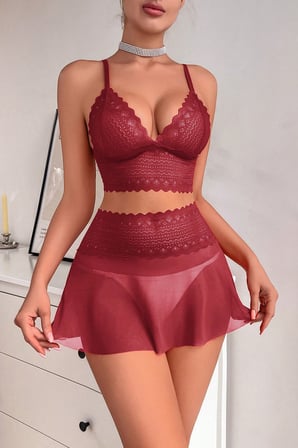 Kadın Bordo Dantel Ve Tül Detaylı Etekli Şık Gecelik Takımı Bordo S/M