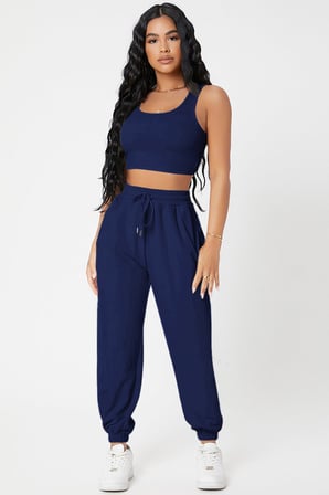 Kadın Lacivert Kaşkorse Cepli Jogger Eşofman Altı ve Crop Top Bluz Lacivert S/M