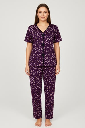 Kadın Mor Kalp Desenli Fiyonklu Kısa Kollu Uzun Pijama Takımı