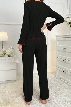 Kadın Siyah Kırmızı Biyeli ve Fiyonklu Uzun Kollu Mevsimlik Pijama Takımı