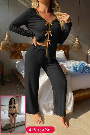 Kadın Siyah Fiyonklu İç Çamaşırı ve Uzun Kollu V Yaka Pijama Takımı 4'lü Set Siyah S/M