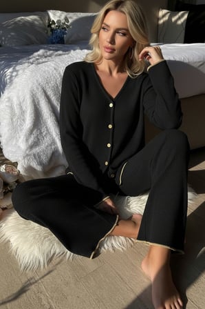 Kadın Premium Fitilli Pijama Takımı Siyah Gold Biye Detaylı, Yumuşak Dokulu Ev Şıklığı Siyah S/M