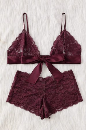 Kadın Bordo Dantelli &amp; Kurdelalı Sütyen Külot Takımı Bordo L