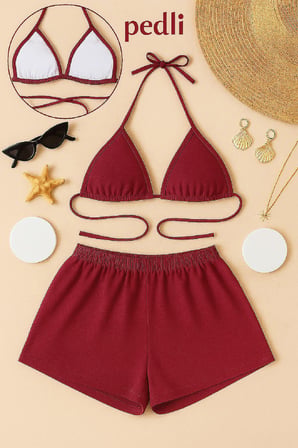 Kadın Bordo Şortlu Belden ve Boyundan Bağlamalı Bikini Takımı Bordo S/M