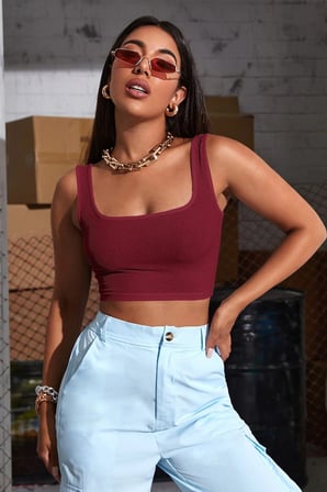 Kadın Bordo Kalın Askılı Crop Top Büstiyer Bordo S