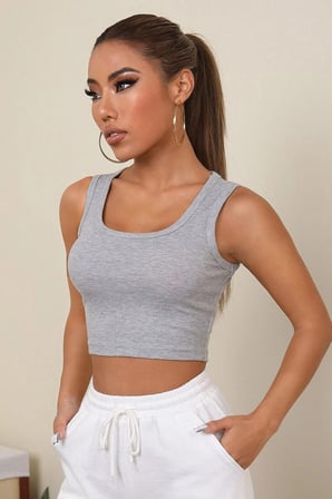 Kadın Gri Kare Yaka Crop Top Bluz Gri S/M