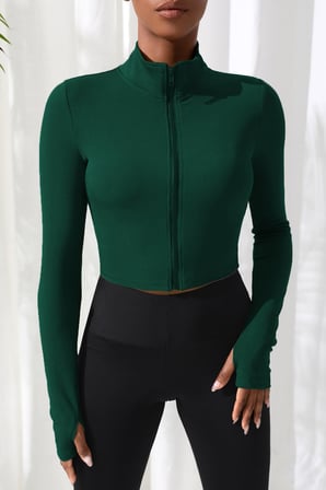 Kadın Yeşil Uzun Kol Fermuarlı Parmak Geçme Detaylı Dik Yaka Crop Top Bluz Yeşil S/M