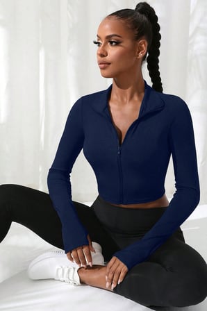 Kadın Lacivert Uzun Kol Fermuarlı Parmak Geçme Detaylı Dik Yaka Crop Top Bluz Lacivert L/XL