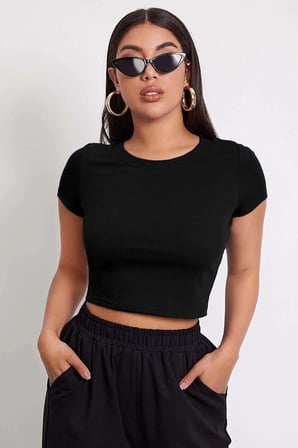 Kadın Siyah Yuvarlak Yaka Yarım Kol Crop Top Bluz Siyah S/M