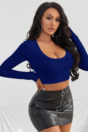 Kadın Mavi Uzun Kol Kare Yaka Crop Top Bluz Mavi S/M