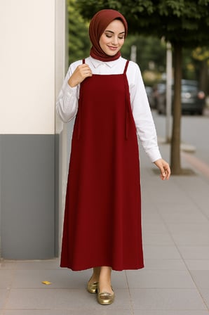 Kadın Bordo Basic Ayarlanabilir Askılı Jile Elbise