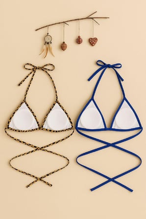 Kadin Leopar Desenli Ve Mavi Minimal Kesim Ucgen Bikini Ustu